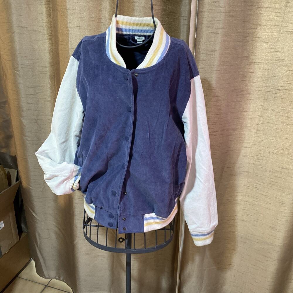 Aerie Blue Corduroy Varsity Bomber Jacket Retro Snap Button Womens Sz Small